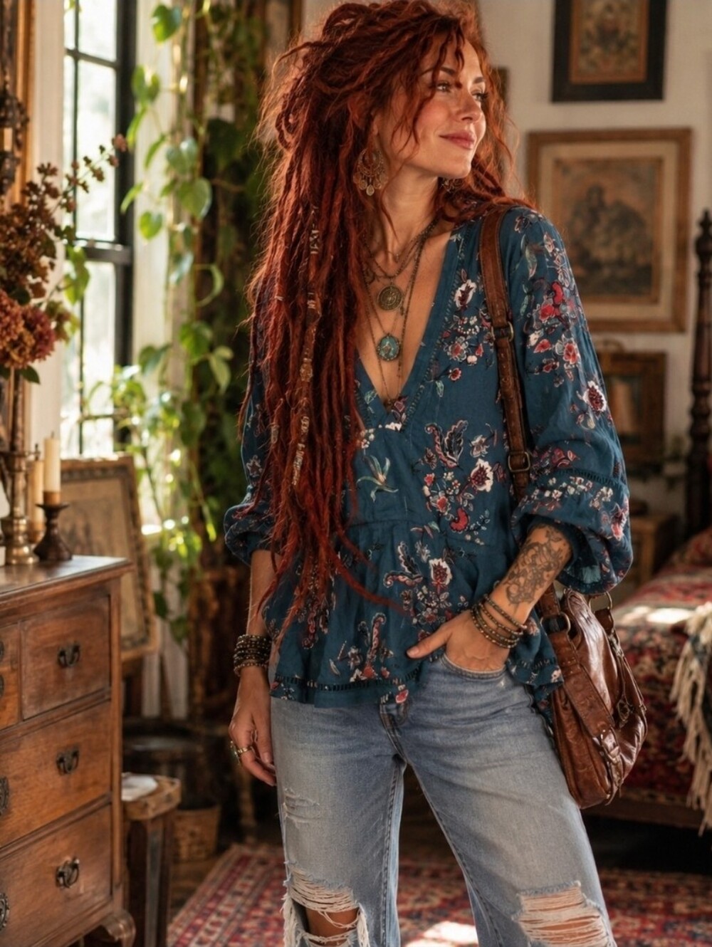4/$15 MINKPINK Teal Floral Peasant Blouse L | Boho Cottagecore Romantic Festival